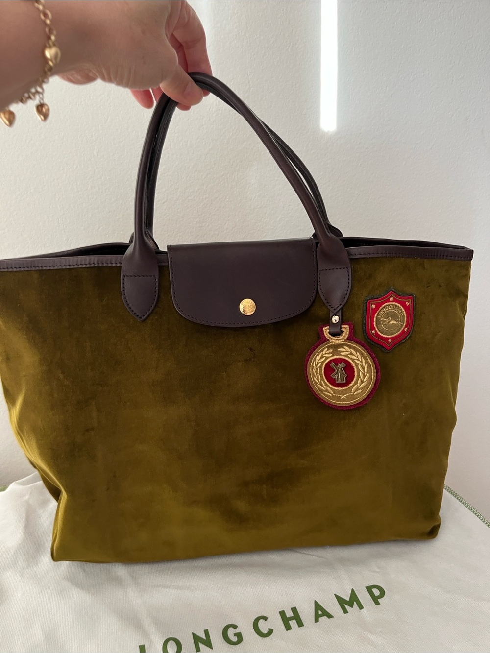 Longchamp Olive Velvet Tote with Dark Brown Leather Trim. Limited Edition. - Picture 2 of 11